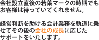 会社設立直後の若葉マークの次期でもお客様は待っていてくれません。 経営判断を助ける会計業務を軌道に乗せてその後の会社の成長に応じたサポートをいたします。